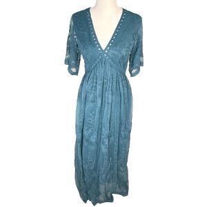 Teal Blue Lace Embroidered V-Neck Maxi Dress Pink Blush